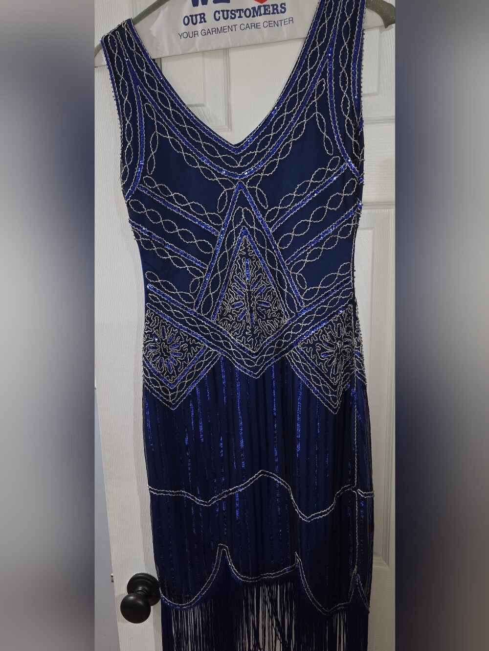 Beaded Strapless Navy Evening Dress with Fringe